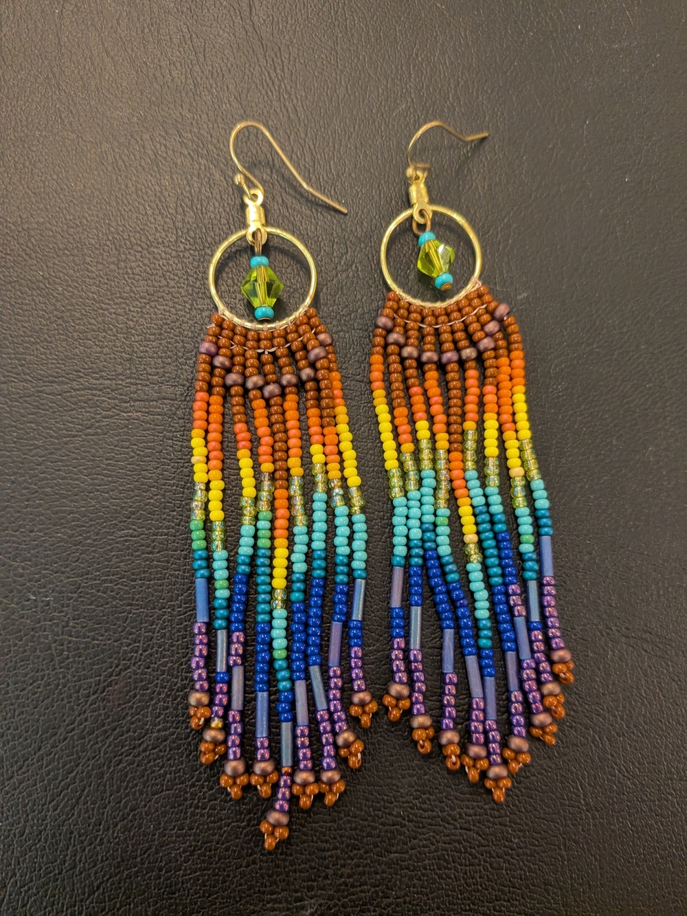 Handmade Rainbow Seed Bead Fringe Earrings - Gold Hoop